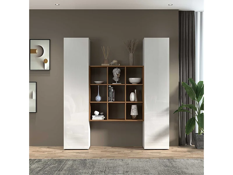 Set soggiorno Maruska con libreria e 2 colonne bianco lucido e rovere 170x30x180 cm