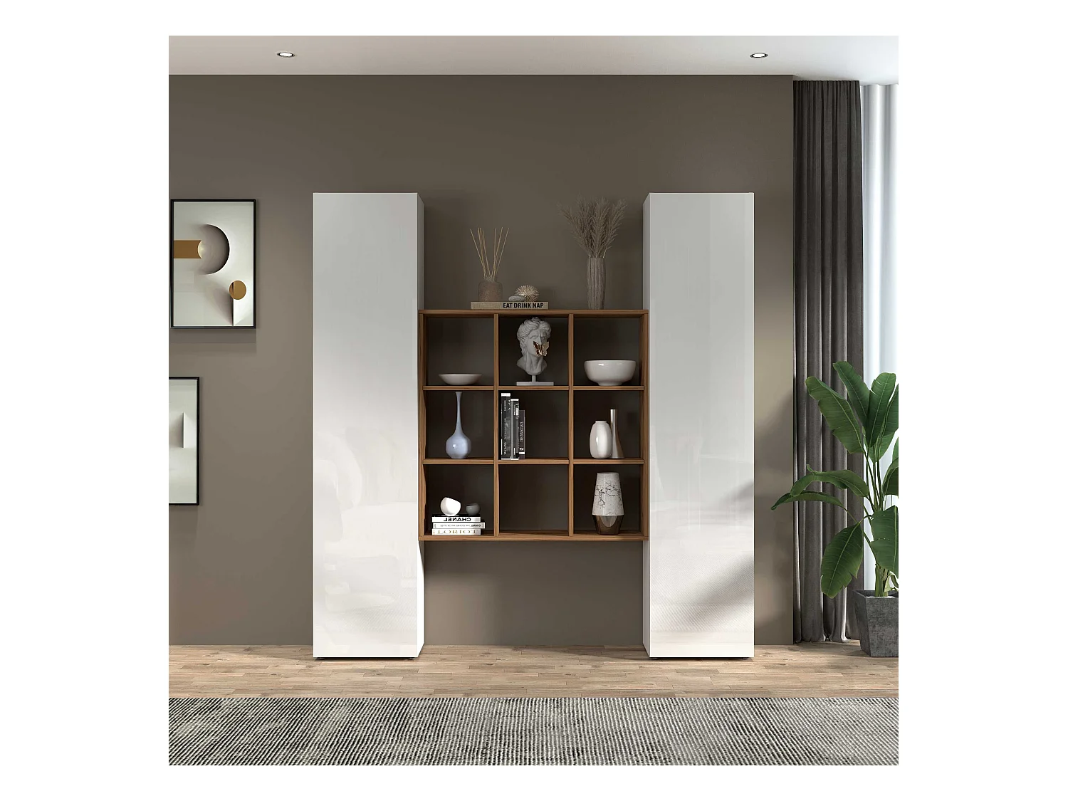 Set soggiorno Maruska con libreria e 2 colonne bianco lucido e rovere 170x30x180 cm