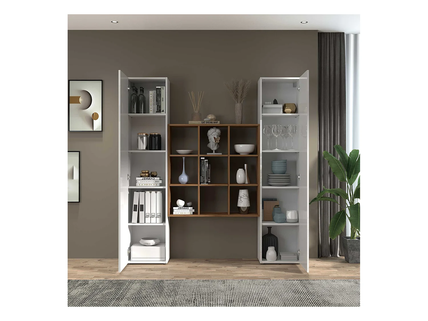 Set soggiorno Maruska con libreria e 2 colonne bianco lucido e rovere 170x30x180 cm