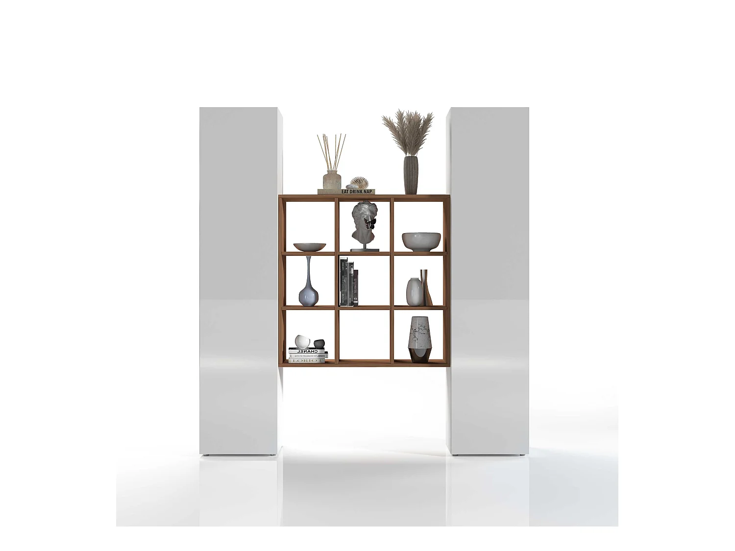 Set soggiorno Maruska con libreria e 2 colonne bianco lucido e rovere 170x30x180 cm