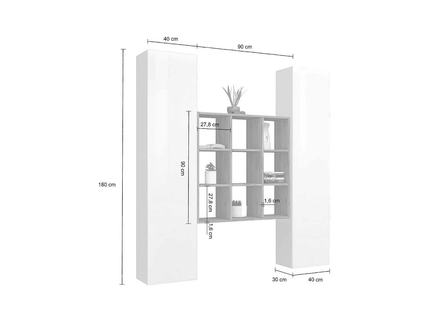 Set soggiorno Maruska con libreria e 2 colonne bianco lucido e rovere 170x30x180 cm