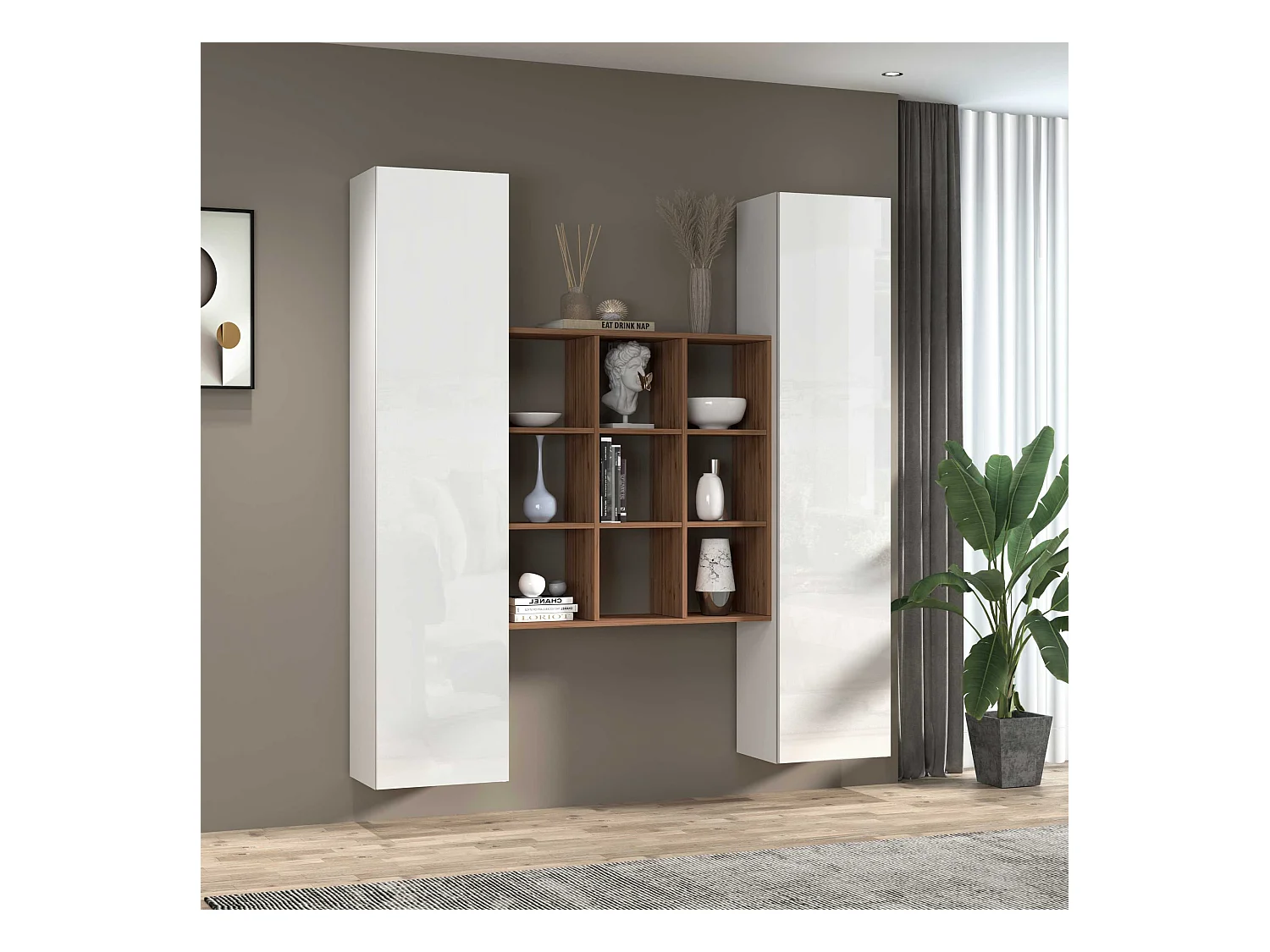 Set soggiorno Maruska con libreria e 2 colonne bianco lucido e rovere 170x30x180 cm