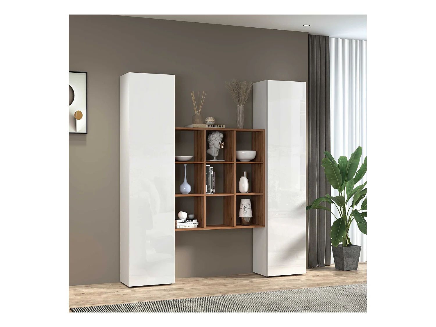 Set soggiorno Maruska con libreria e 2 colonne bianco lucido e rovere 170x30x180 cm