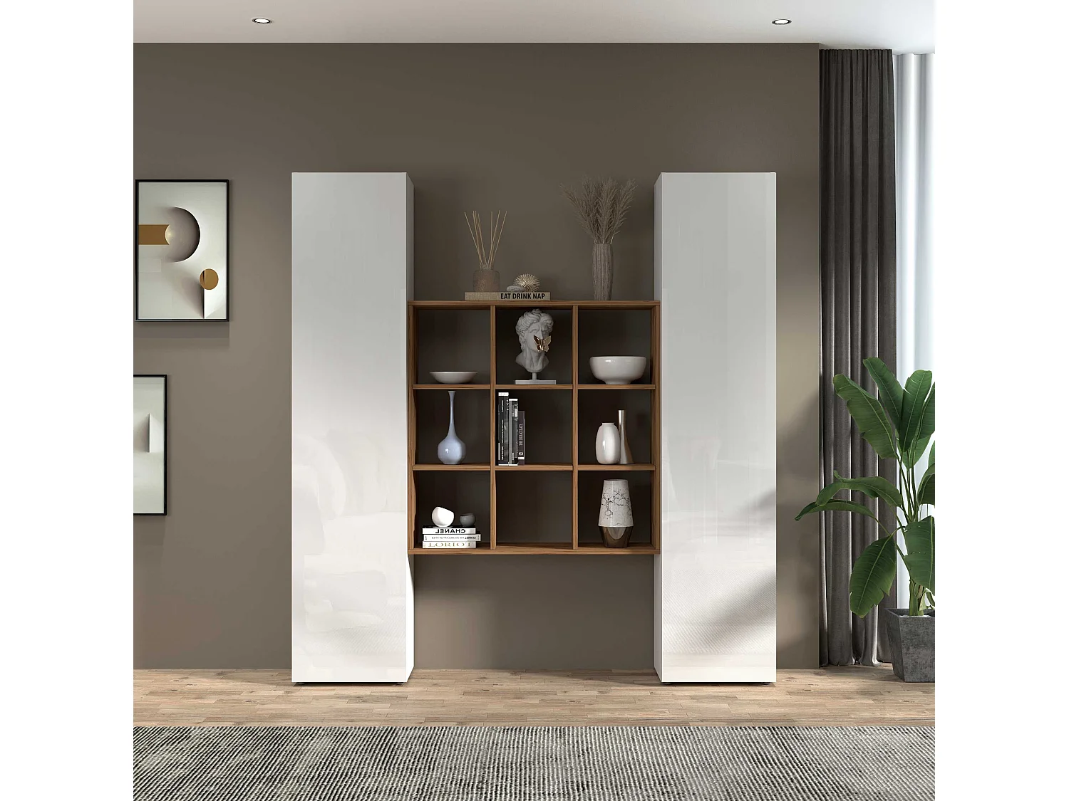 Set soggiorno Maruska con libreria e 2 colonne bianco lucido e rovere 170x30x180 cm