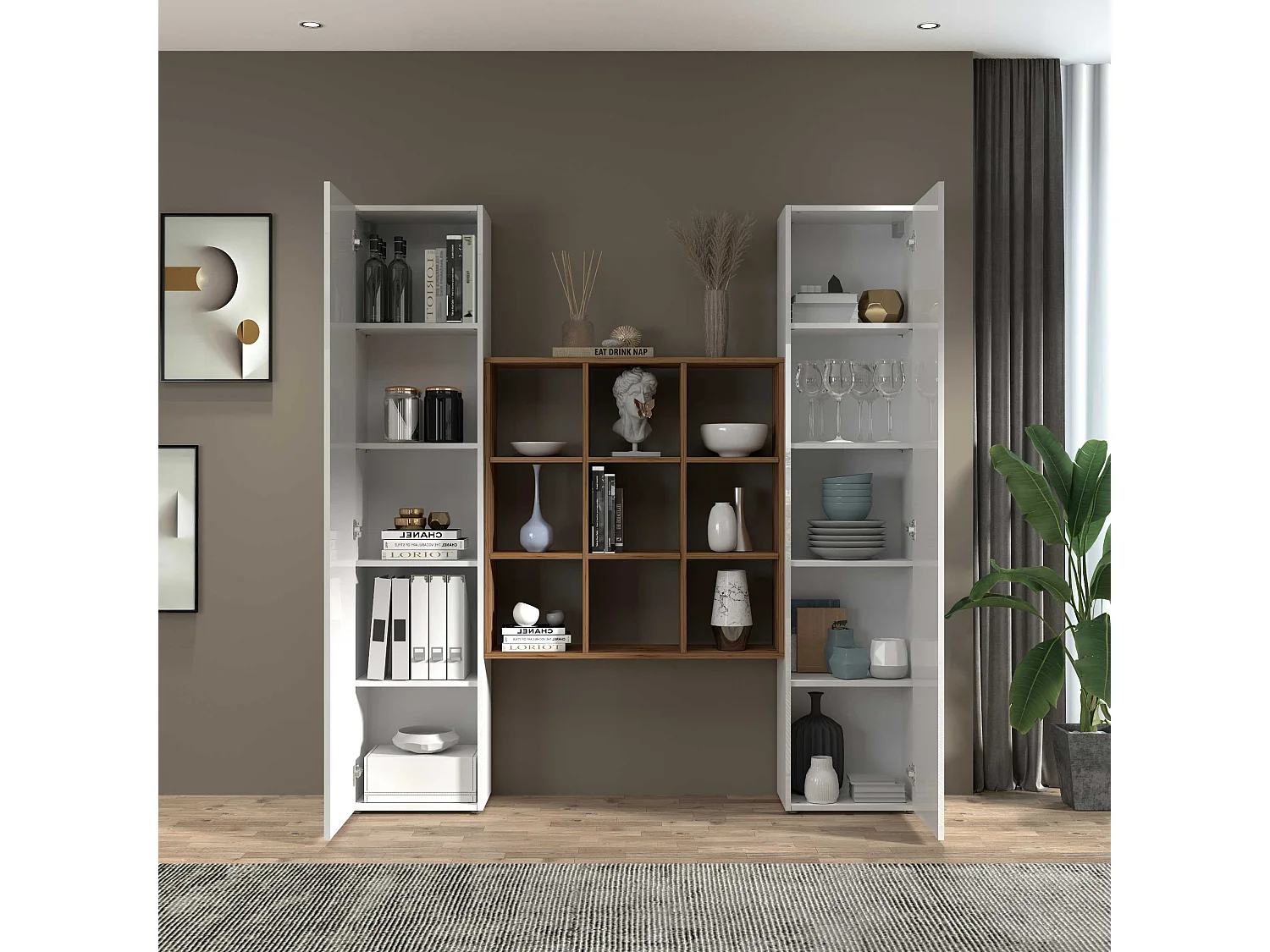 Set soggiorno Maruska con libreria e 2 colonne bianco lucido e rovere 170x30x180 cm
