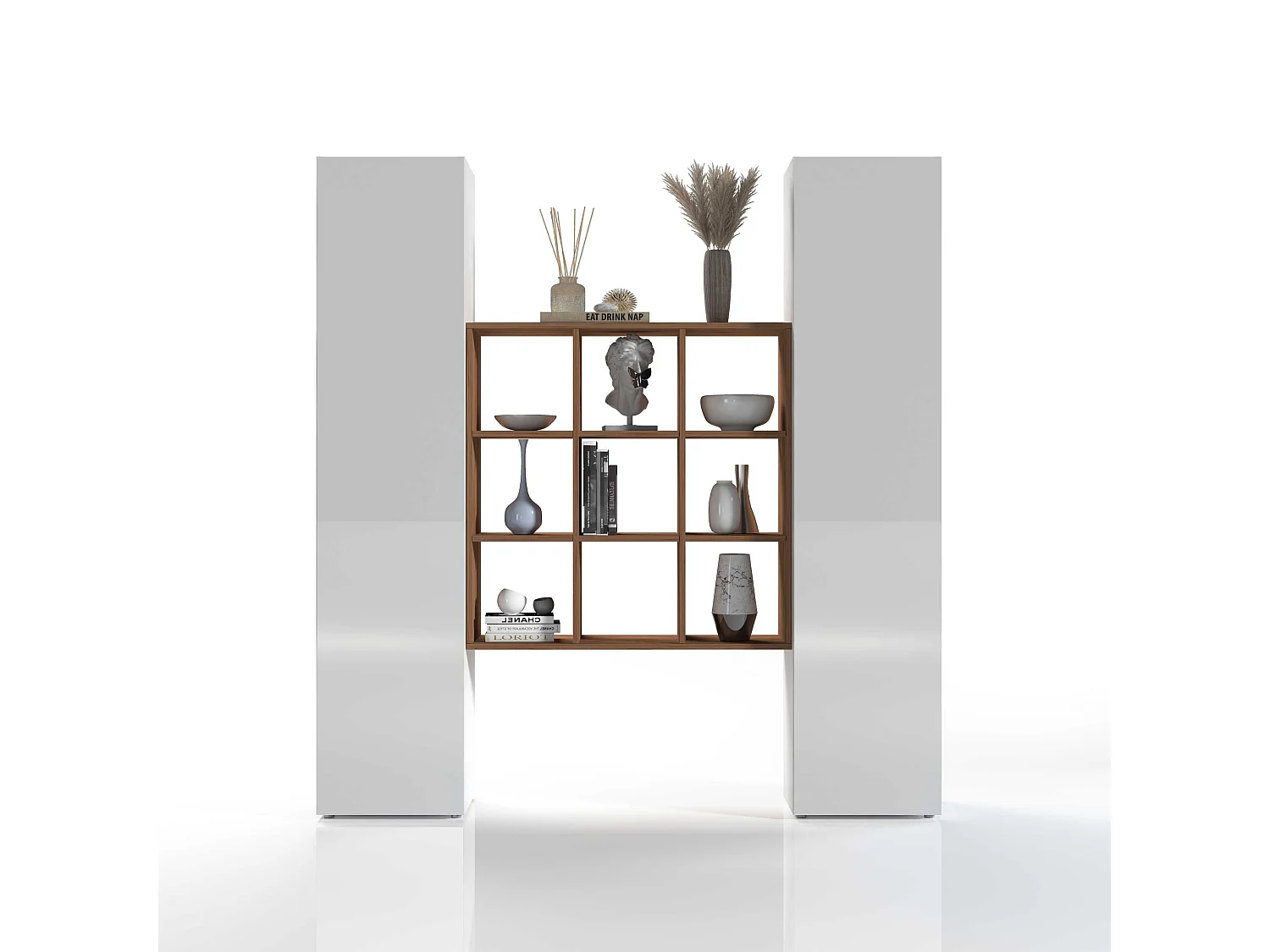 Set soggiorno Maruska con libreria e 2 colonne bianco lucido e rovere 170x30x180 cm