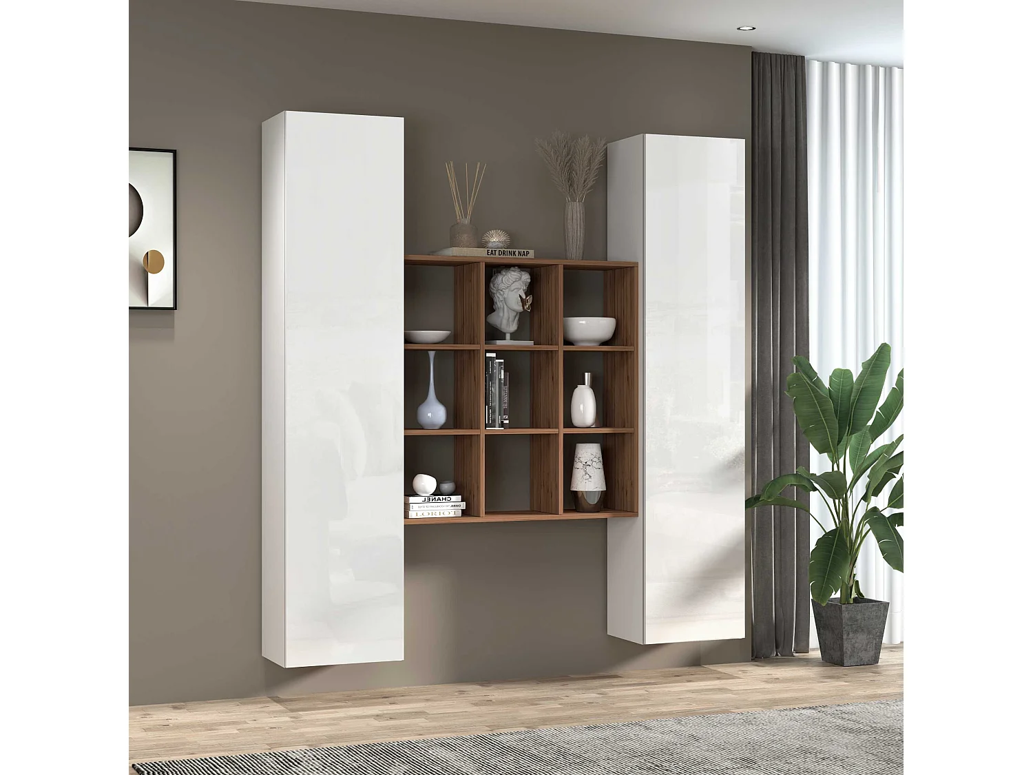 Set soggiorno Maruska con libreria e 2 colonne bianco lucido e rovere 170x30x180 cm