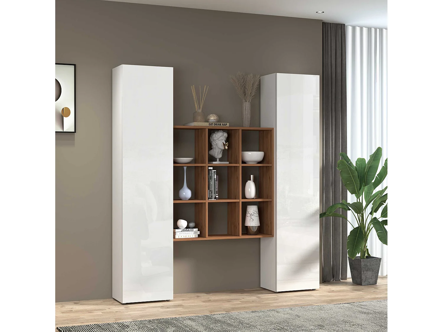 Set soggiorno Maruska con libreria e 2 colonne bianco lucido e rovere 170x30x180 cm