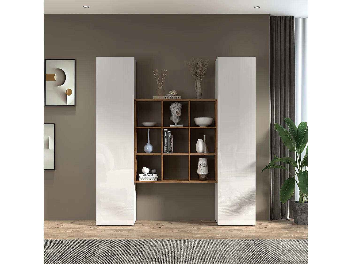 Weiße Hänge-Wohnwand mit 2 Schränken, Bücherregal, 9 Regalböden Pella WH