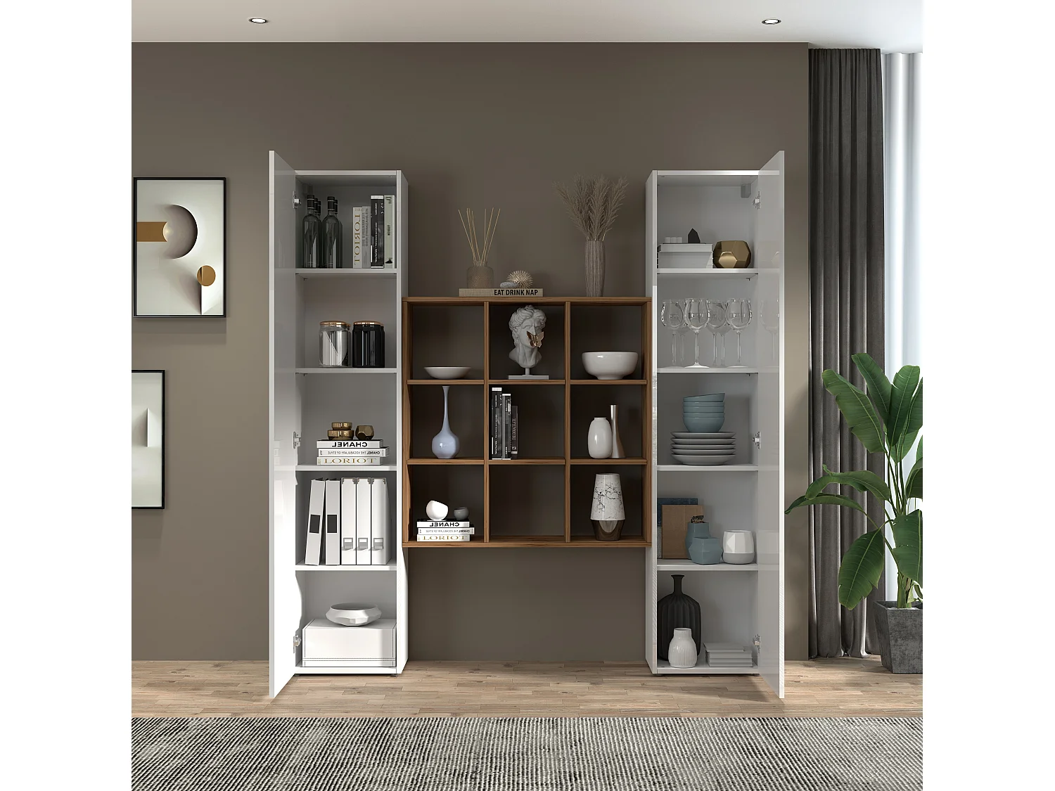 Weiße Hänge-Wohnwand mit 2 Schränken, Bücherregal, 9 Regalböden Pella WH