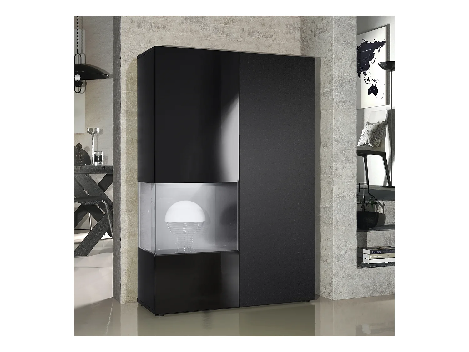 Vitrine Armoire Morena, Corps en Noir mat / Porte droite et insert en Noir mat avec éclairage LED