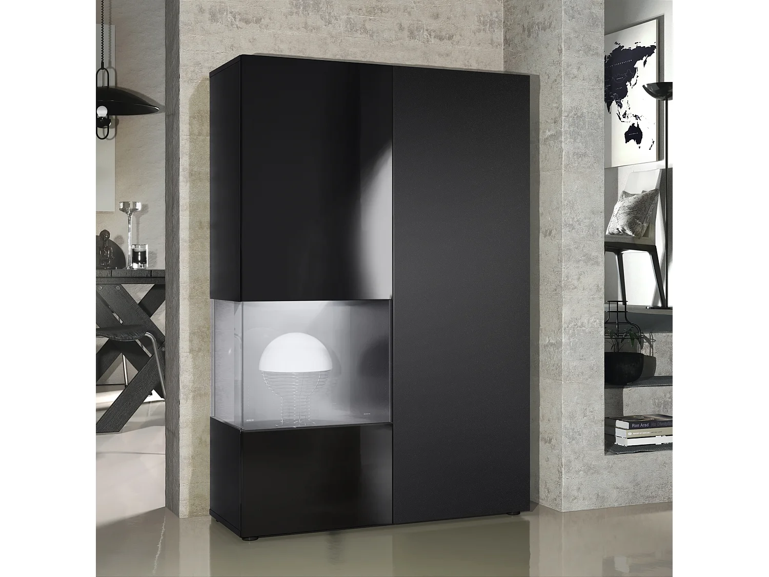 Armadio espositivo alto Morena, struttura in nero opaco / anta destra e inserto in nero opaco con illuminazione a LED