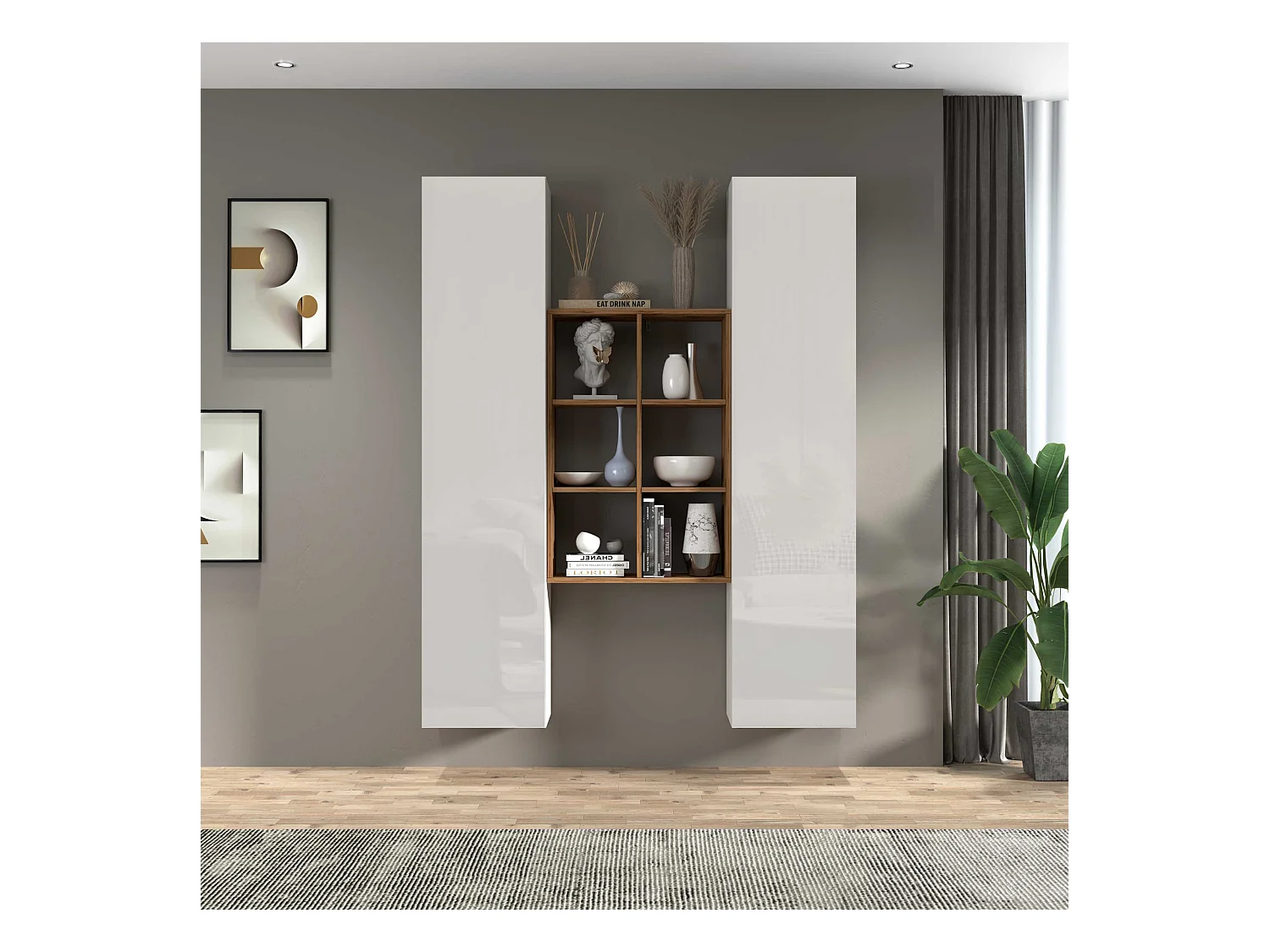 Set soggiorno Maruska con libreria e 2 colonne bianco lucido e rovere 140x30x180 cm