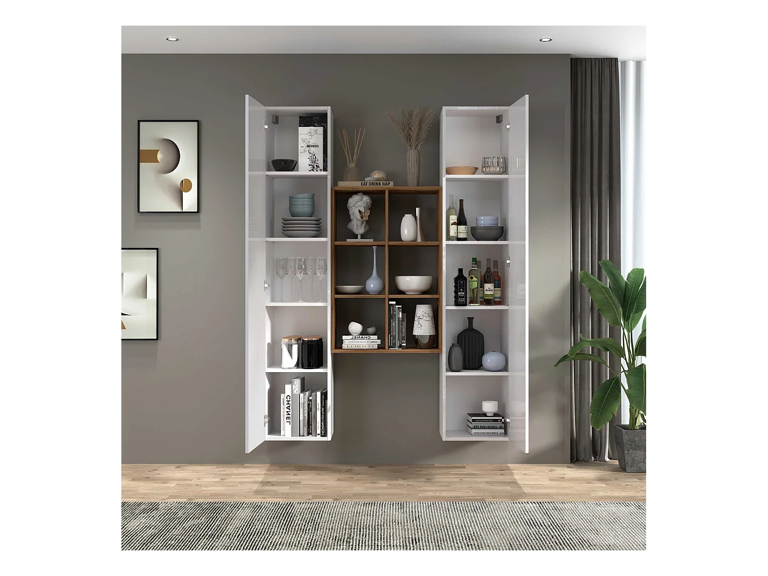 Set soggiorno Maruska con libreria e 2 colonne bianco lucido e rovere 140x30x180 cm