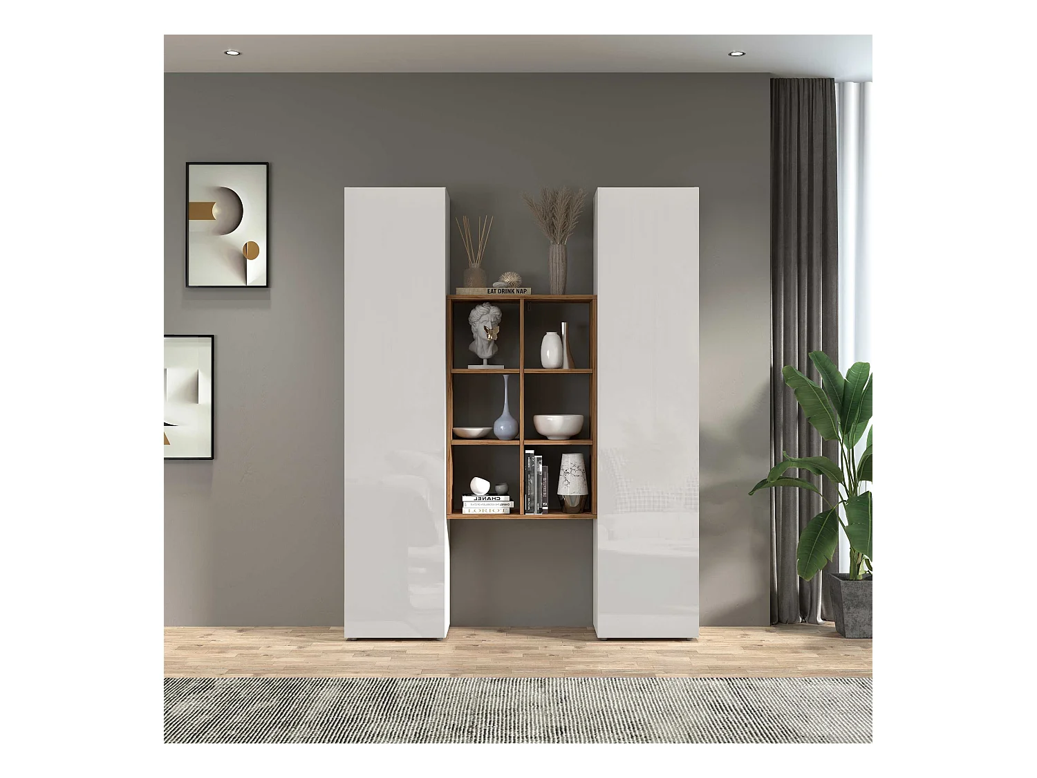 Set soggiorno Maruska con libreria e 2 colonne bianco lucido e rovere 140x30x180 cm