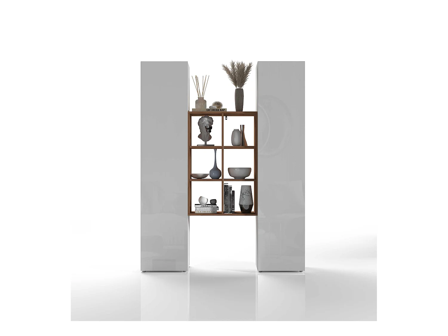 Set soggiorno Maruska con libreria e 2 colonne bianco lucido e rovere 140x30x180 cm