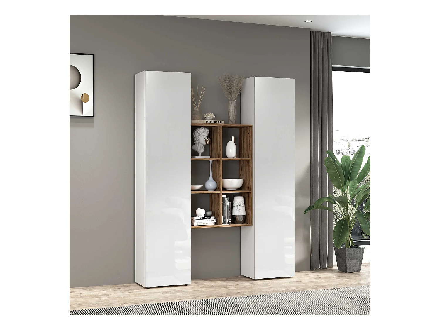 Set soggiorno Maruska con libreria e 2 colonne bianco lucido e rovere 140x30x180 cm