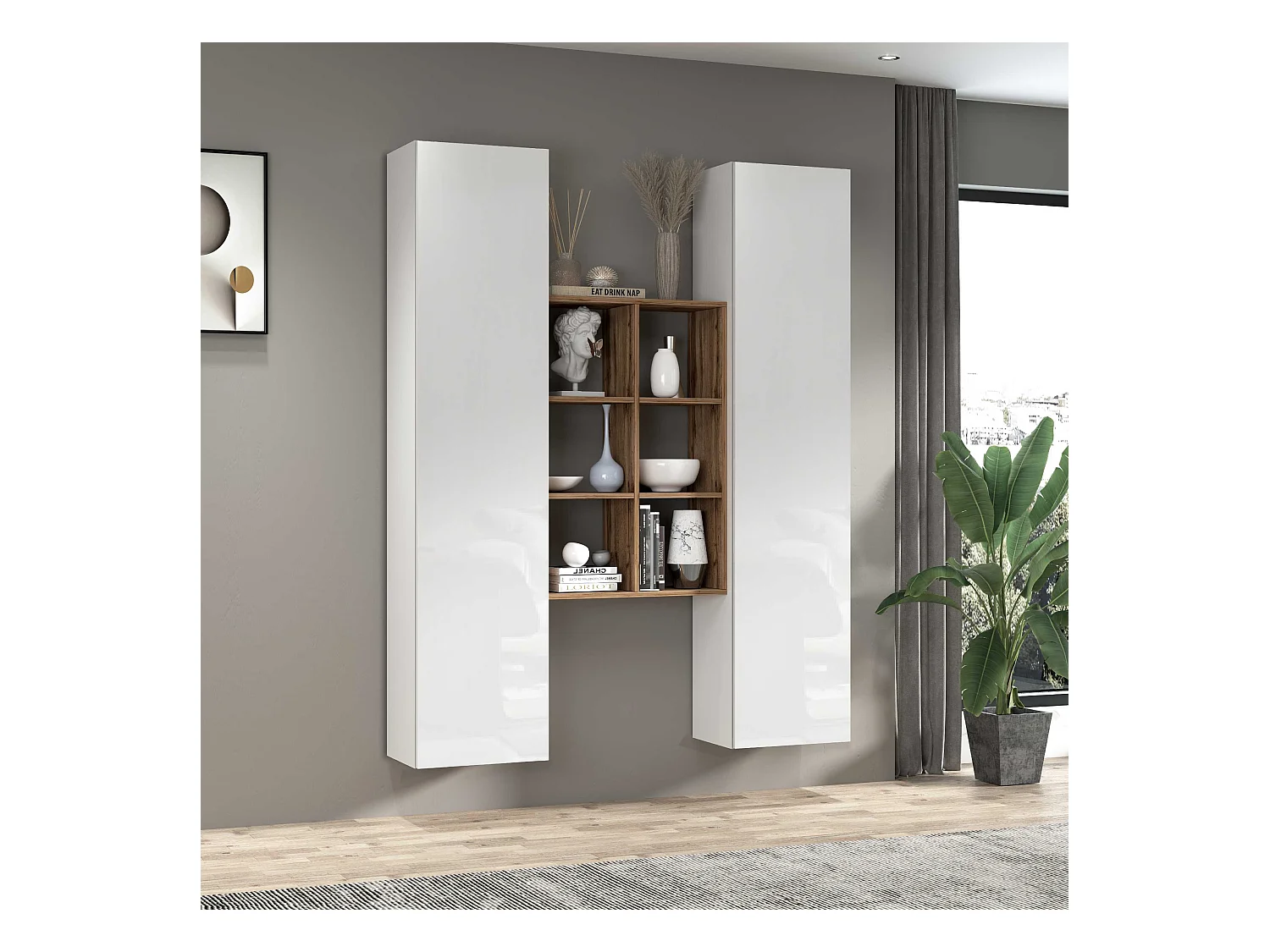 Set soggiorno Maruska con libreria e 2 colonne bianco lucido e rovere 140x30x180 cm