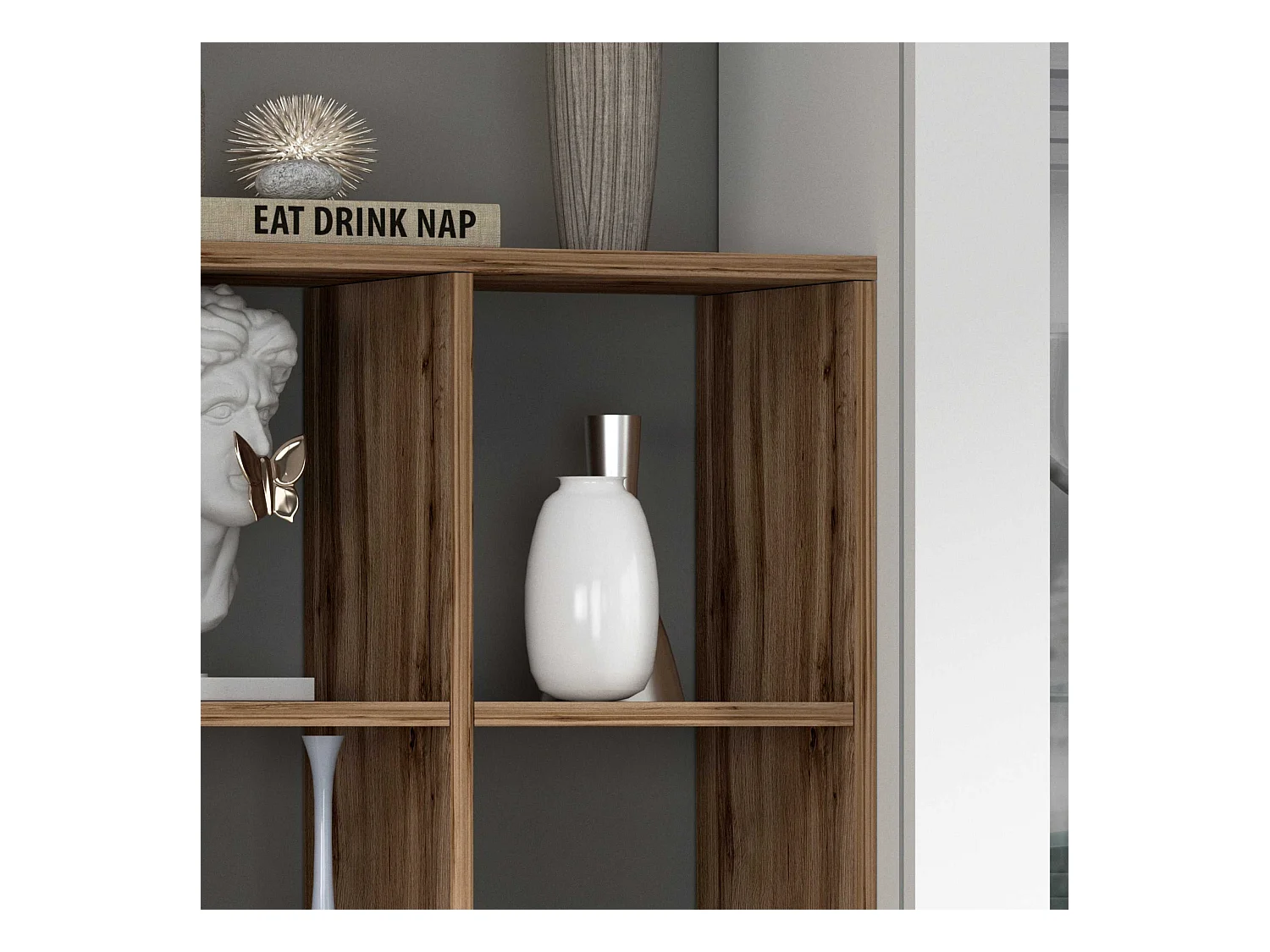 Set soggiorno Maruska con libreria e 2 colonne bianco lucido e rovere 140x30x180 cm