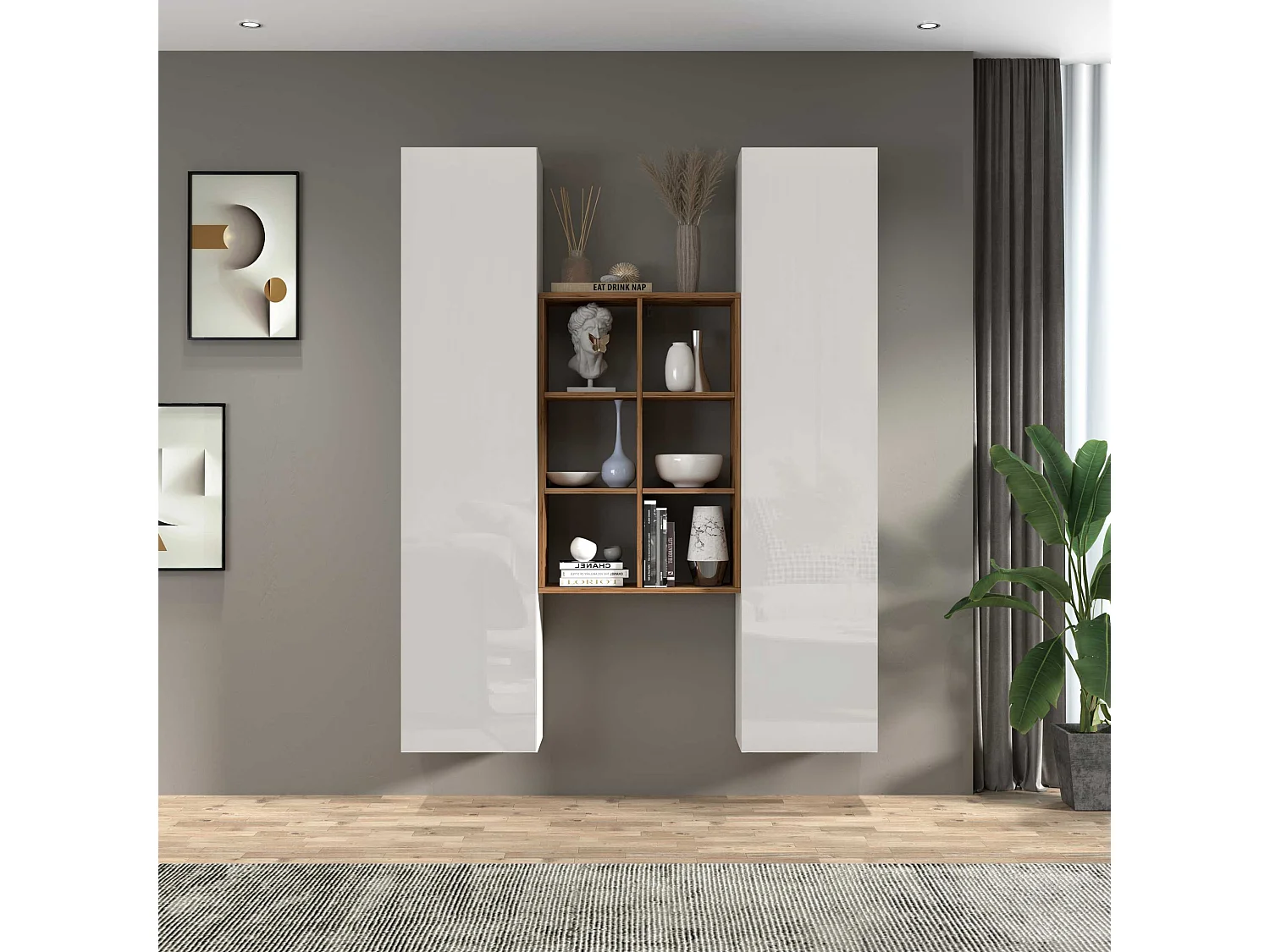 Set soggiorno Maruska con libreria e 2 colonne bianco lucido e rovere 140x30x180 cm