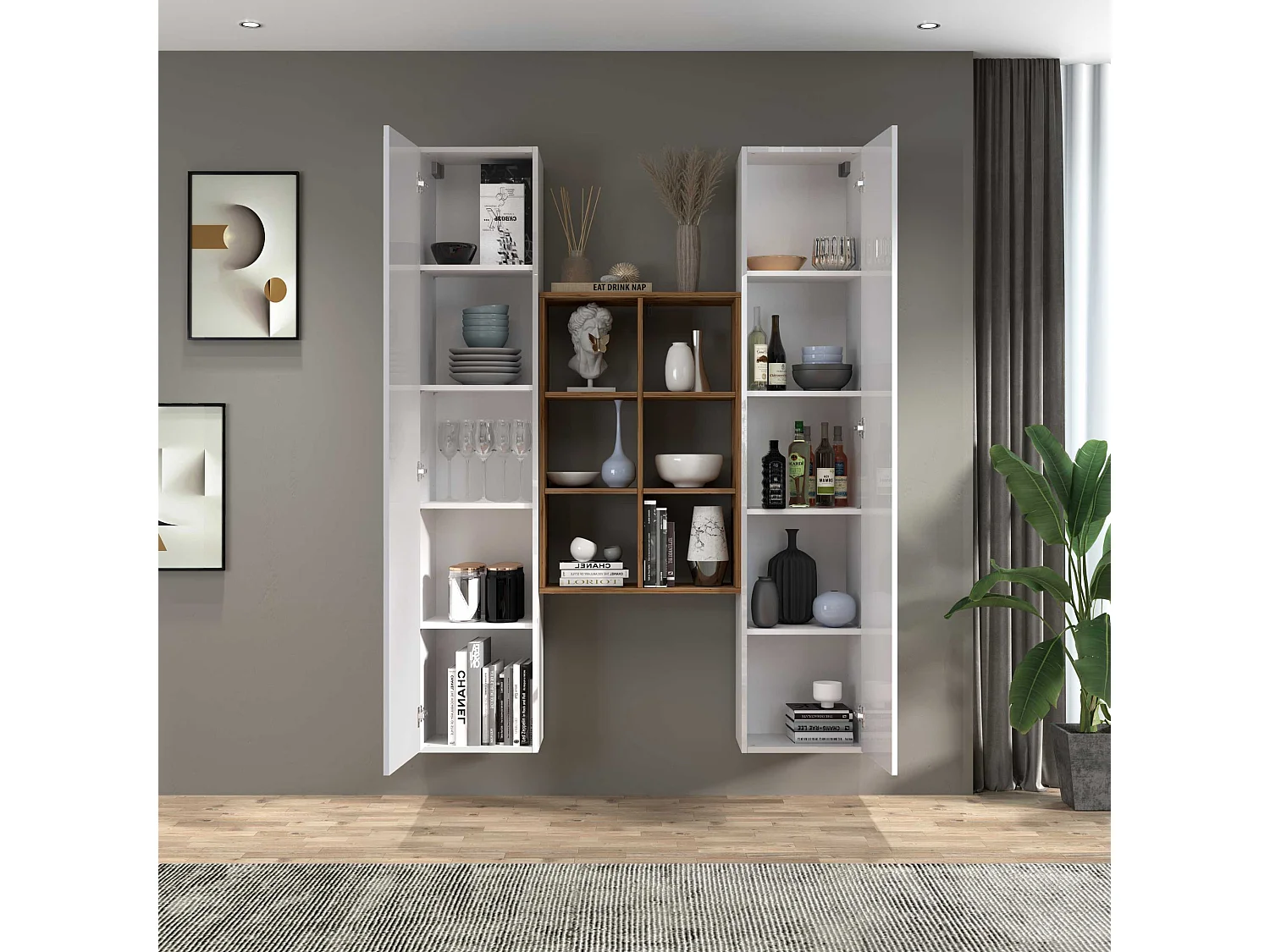 Set soggiorno Maruska con libreria e 2 colonne bianco lucido e rovere 140x30x180 cm