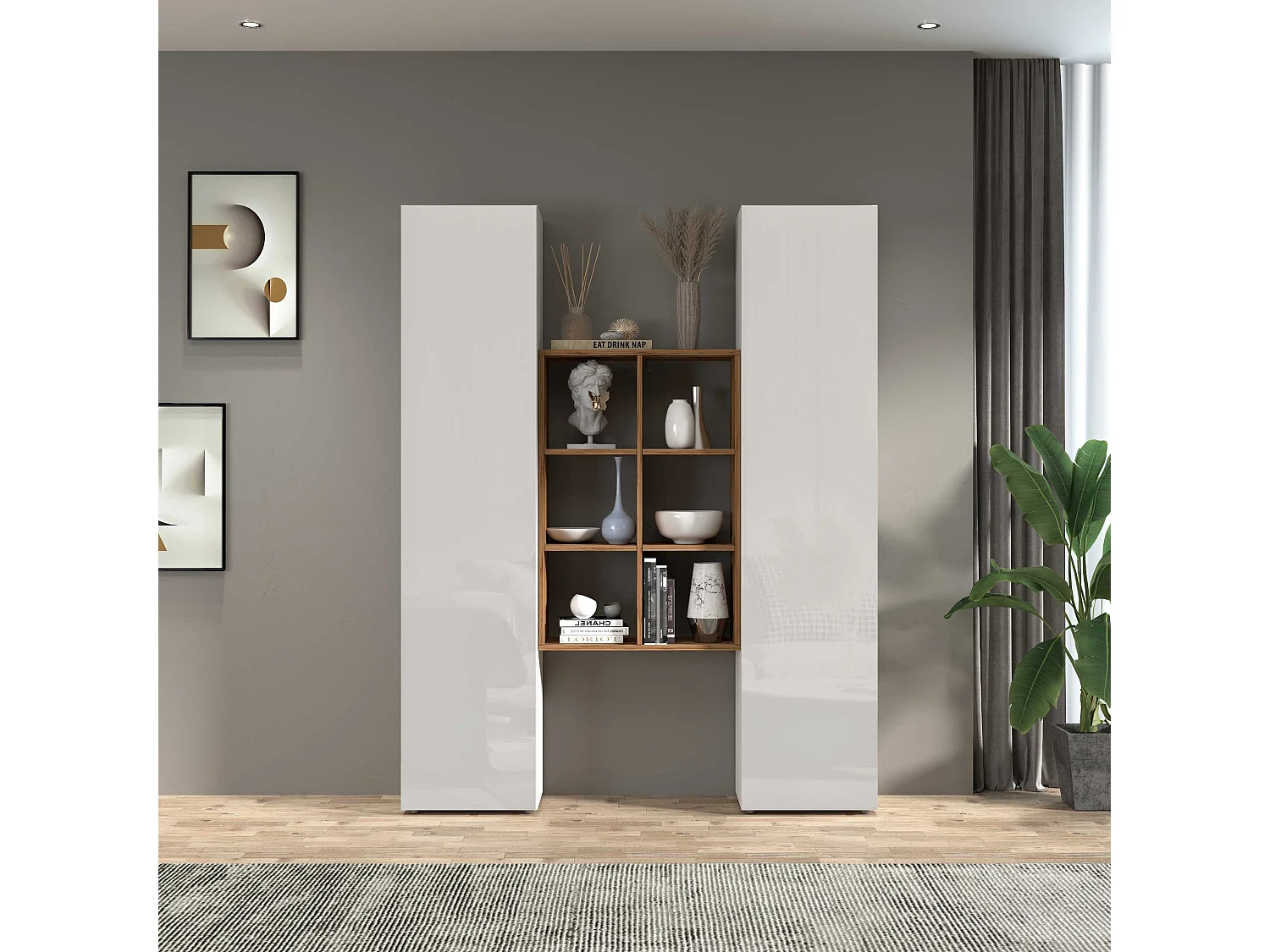 Set soggiorno Maruska con libreria e 2 colonne bianco lucido e rovere 140x30x180 cm