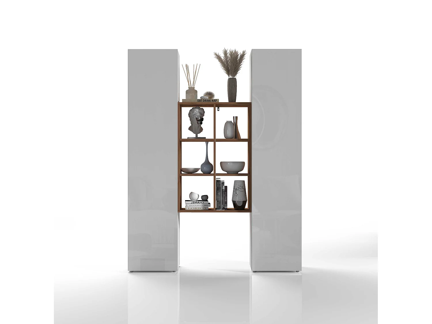 Set soggiorno Maruska con libreria e 2 colonne bianco lucido e rovere 140x30x180 cm