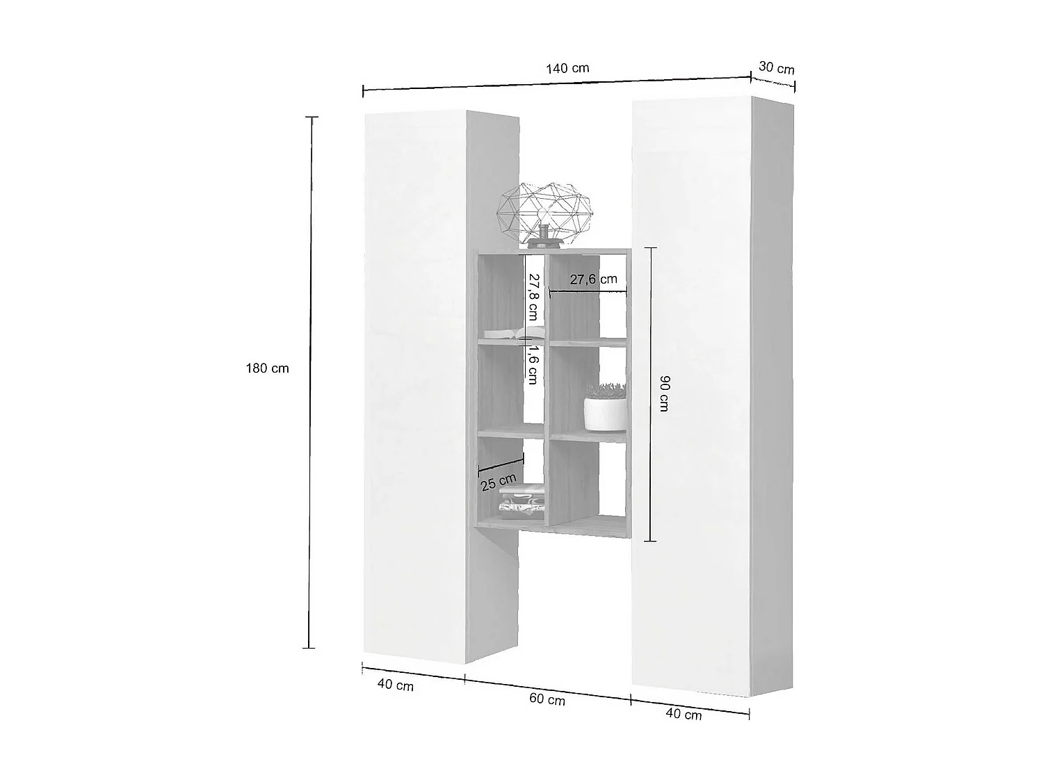 Set soggiorno Maruska con libreria e 2 colonne bianco lucido e rovere 140x30x180 cm