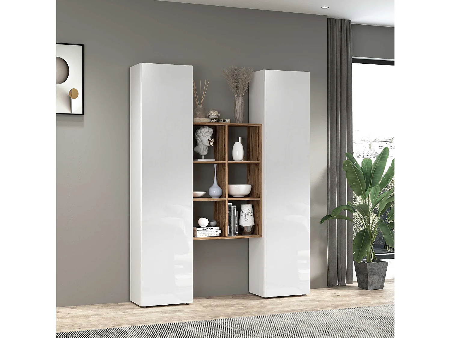 Set soggiorno Maruska con libreria e 2 colonne bianco lucido e rovere 140x30x180 cm