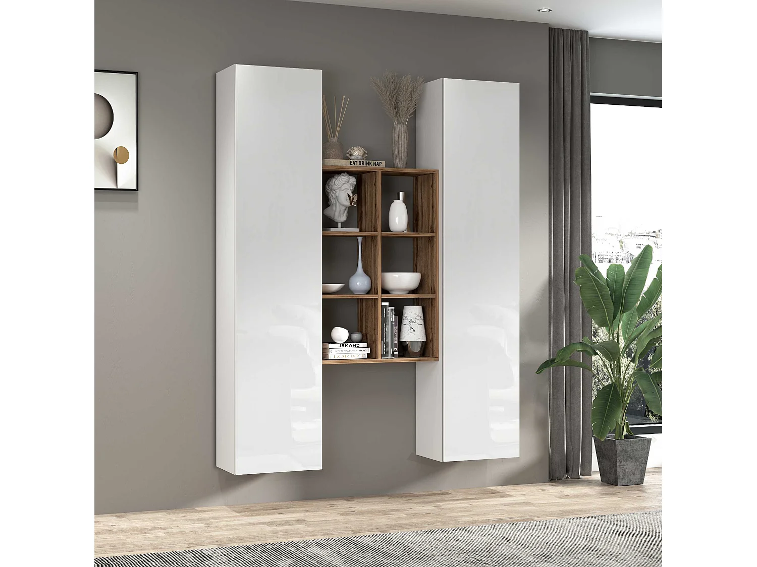 Set soggiorno Maruska con libreria e 2 colonne bianco lucido e rovere 140x30x180 cm
