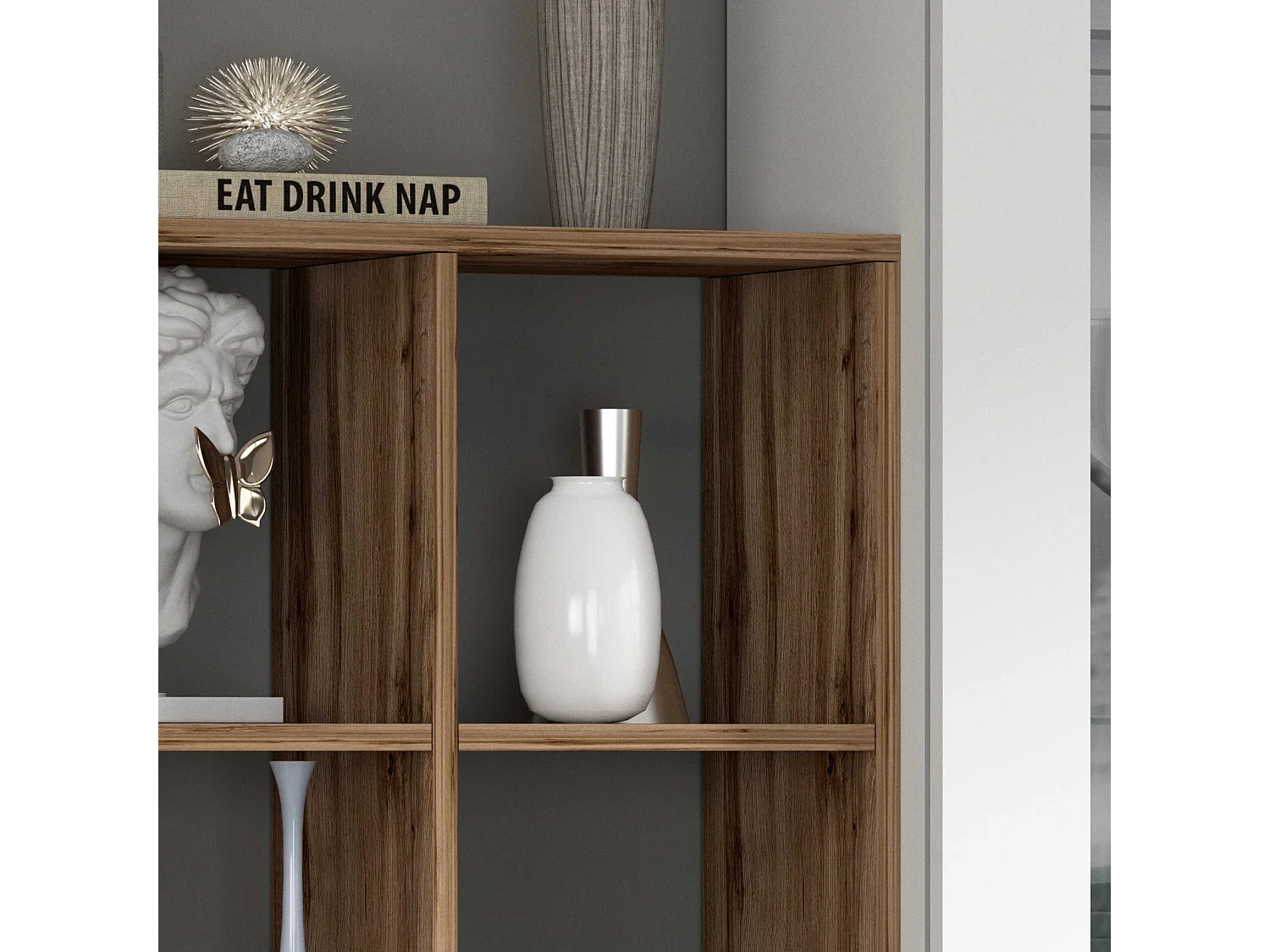 Set soggiorno Maruska con libreria e 2 colonne bianco lucido e rovere 140x30x180 cm