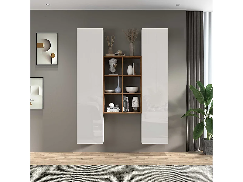 Set soggiorno Maruska con libreria e 2 colonne bianco lucido e rovere 140x30x180 cm