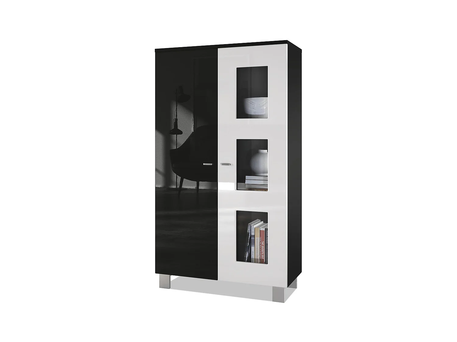 Vitrine de salon Denjo, Vitrine sur pied avec 2 portes et 3 vitres, Noir mat/Noir haute brillance/Blanc haute brillance (71 x 129 x 35 cm)