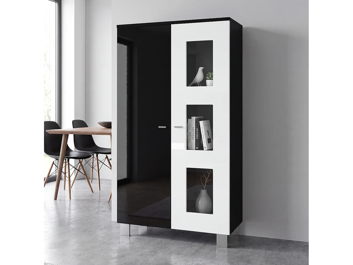 Vitrine de salon Denjo, Vitrine sur pied avec 2 portes et 3 vitres, Noir mat/Noir haute brillance/Blanc haute brillance (71 x 129 x 35 cm)