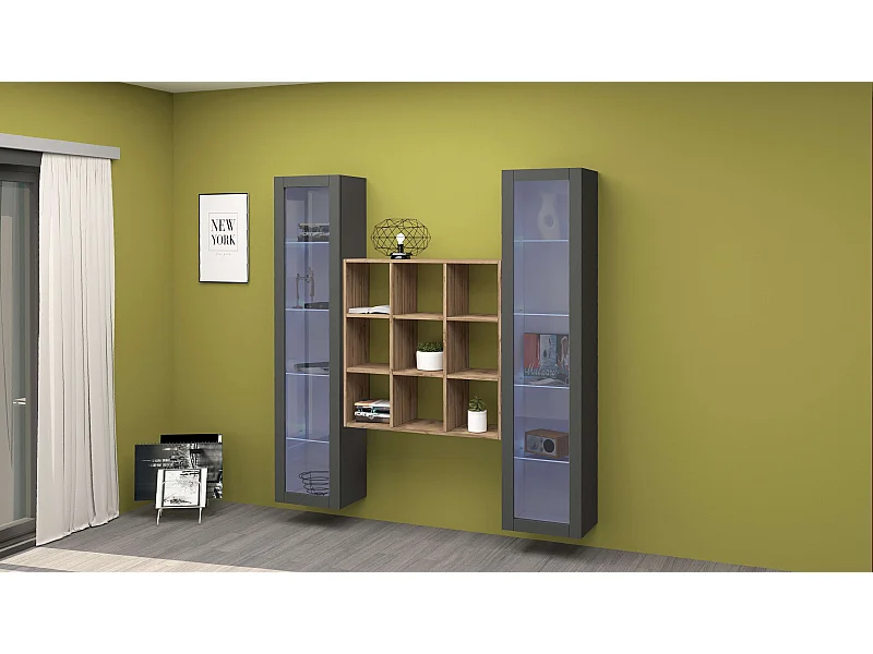 Parete attrezzata soggiorno antracite 2 vetrine libreria in legno moderna Vila RT