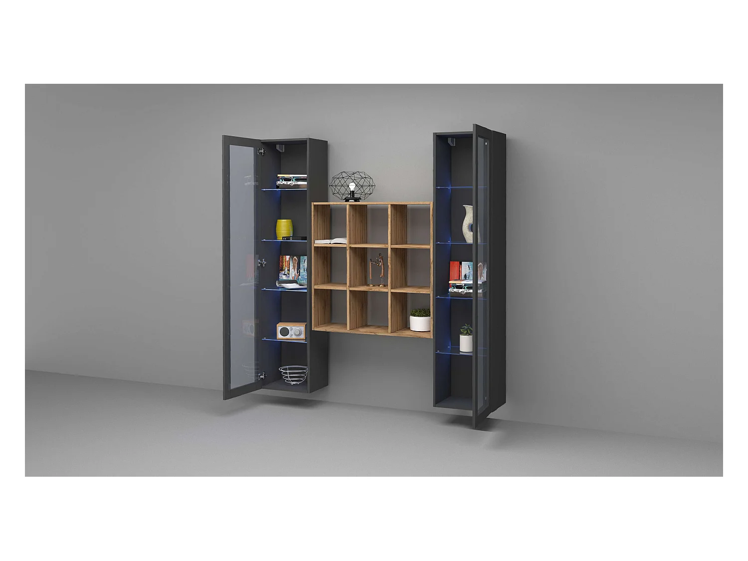 Salón pared de almacenamiento 2 vitrinas librería moderna de madera Vila RT