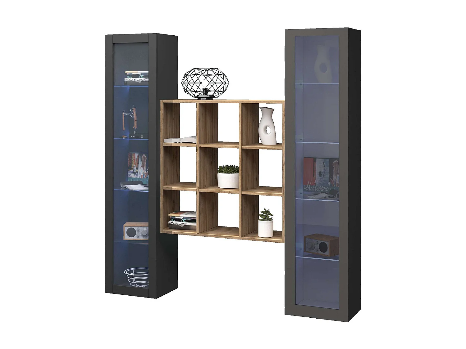 Parete attrezzata soggiorno antracite 2 vetrine libreria in legno moderna Vila RT