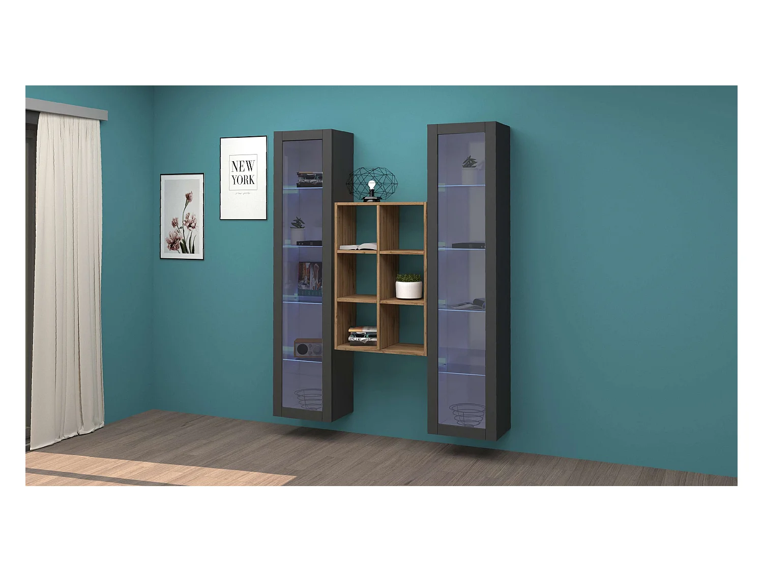 Parete attrezzata sospesa grigia libreria in legno 2 vetrine Kesia RT