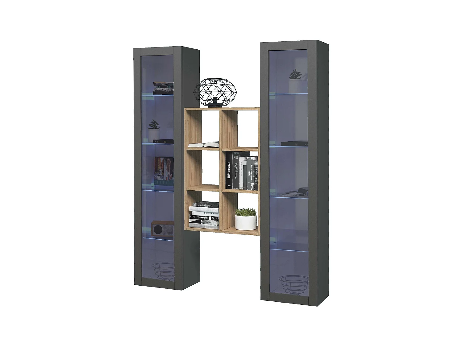 Parete attrezzata sospesa grigia libreria in legno 2 vetrine Kesia RT