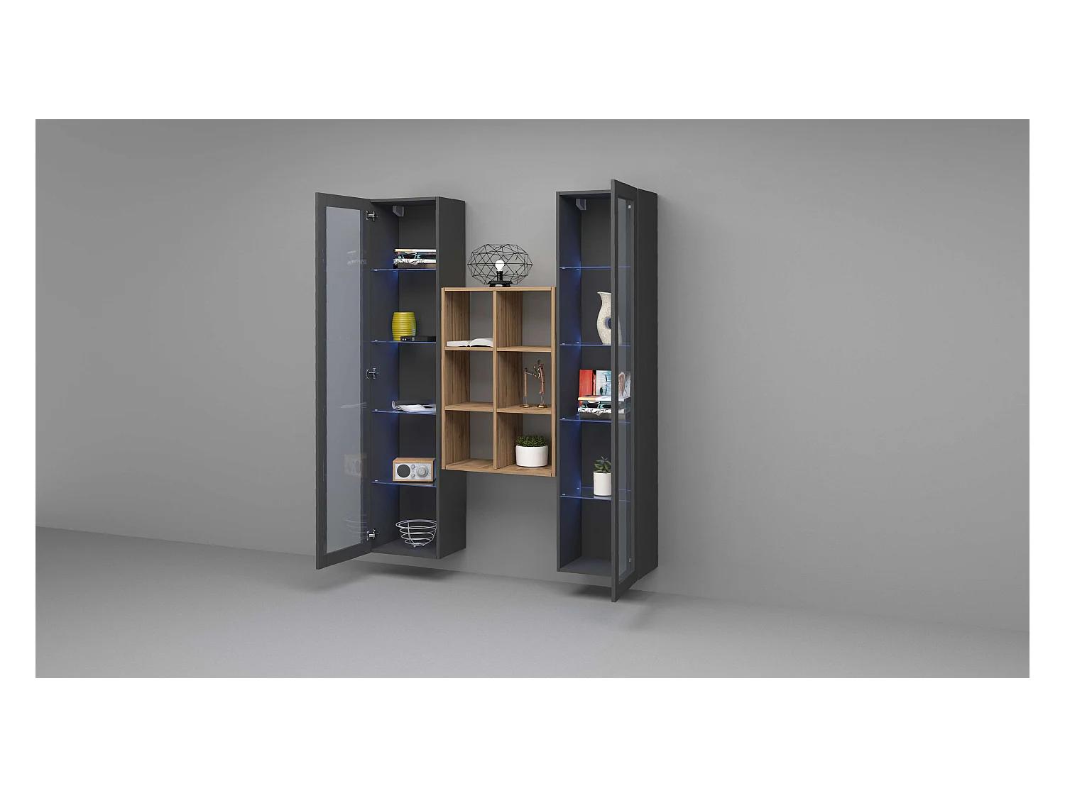 Parete attrezzata sospesa grigia libreria in legno 2 vetrine Kesia RT