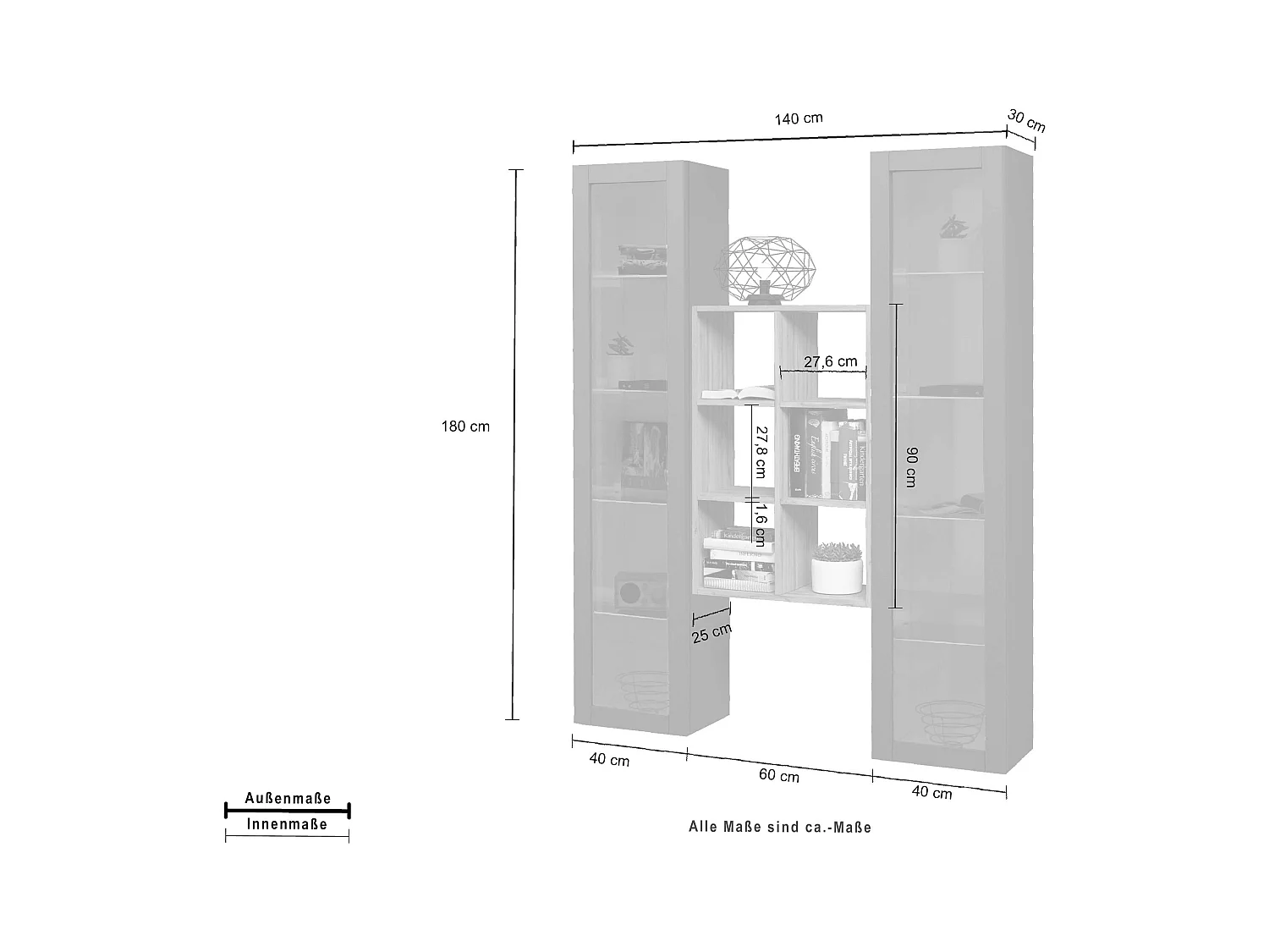 Parete attrezzata sospesa grigia libreria in legno 2 vetrine Kesia RT