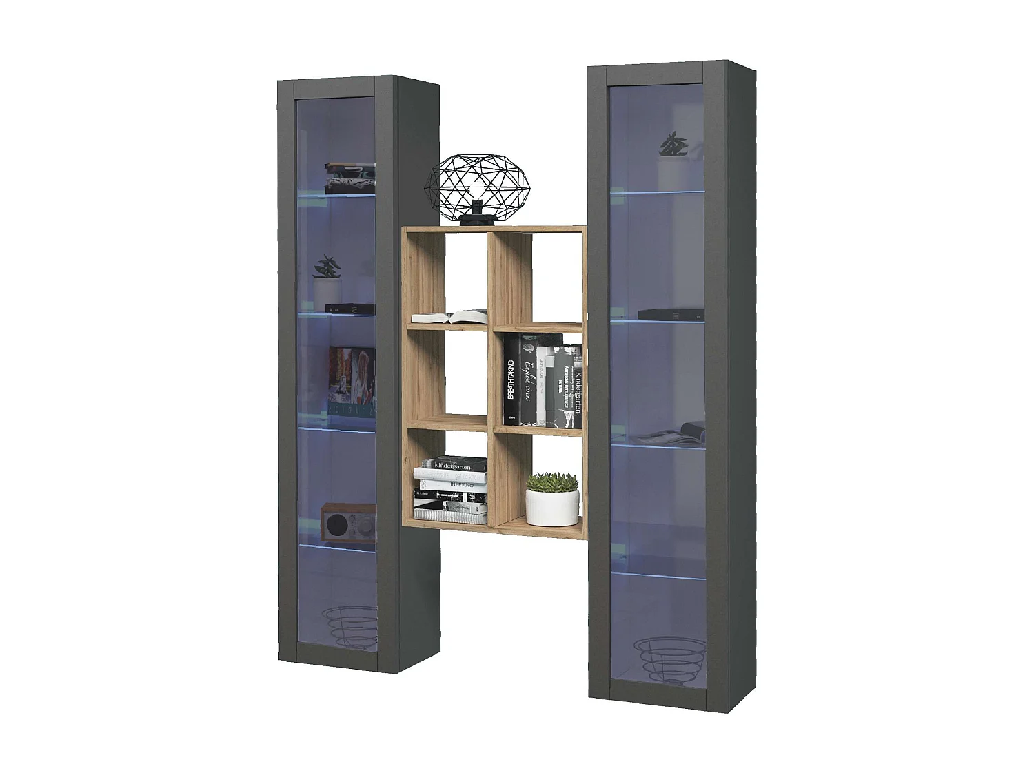 Parete attrezzata sospesa grigia libreria in legno 2 vetrine Kesia RT