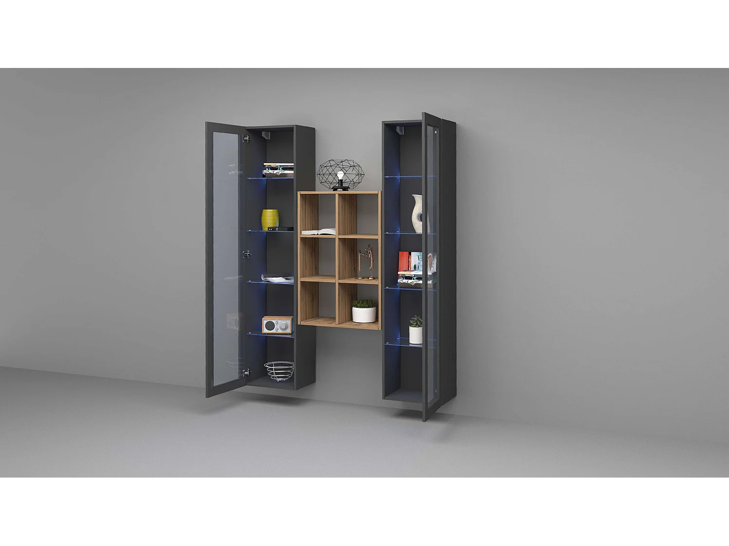 Parete attrezzata sospesa grigia libreria in legno 2 vetrine Kesia RT