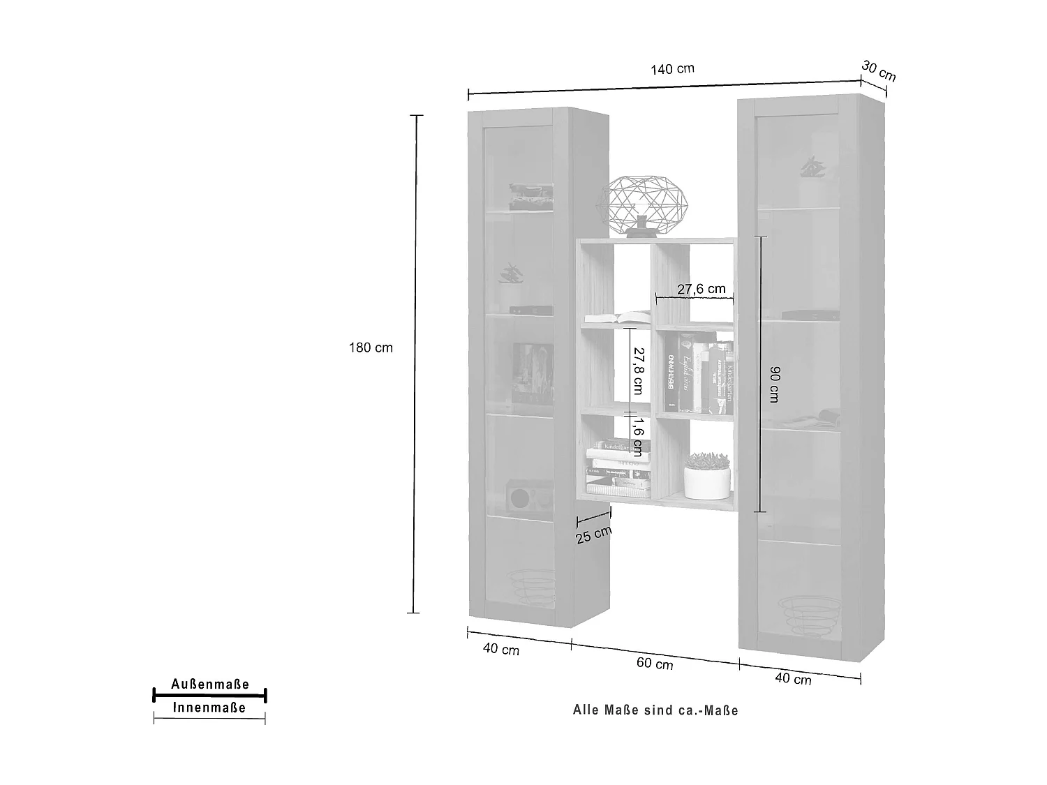 Parete attrezzata sospesa grigia libreria in legno 2 vetrine Kesia RT