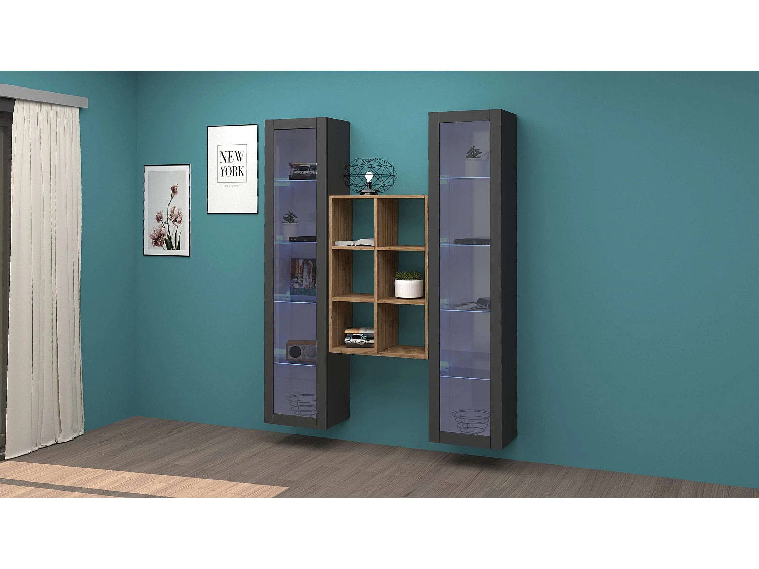 Parete attrezzata sospesa grigia libreria in legno 2 vetrine Kesia RT