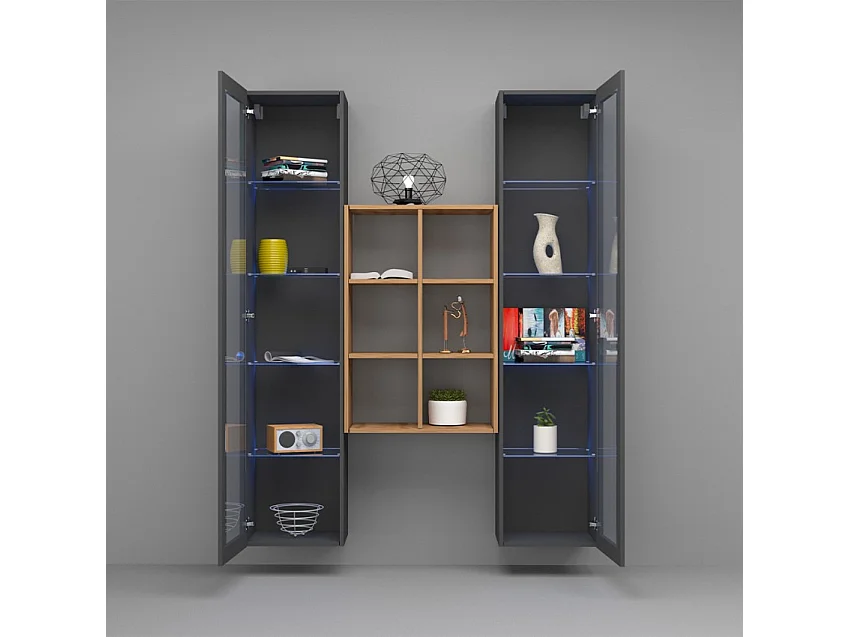 Parete attrezzata sospesa grigia libreria in legno 2 vetrine Kesia RT
