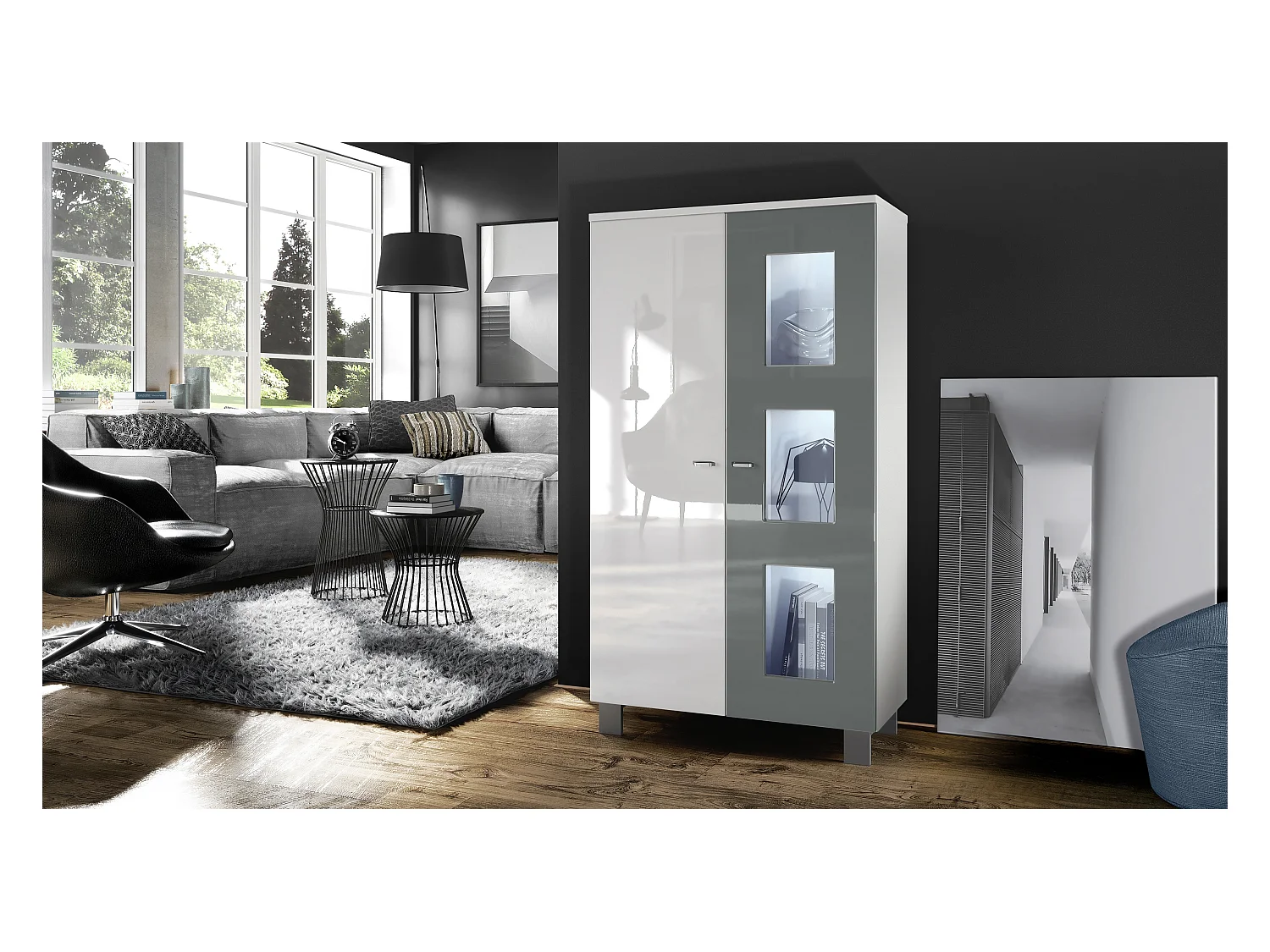 Vitrine de salon Denjo, Vitrine sur pied avec 2 portes et 3 vitres, Blanc mat/Blanc brillant/Gris haute brillance, éclairage LED inclus (71 x 129 x 35 cm)