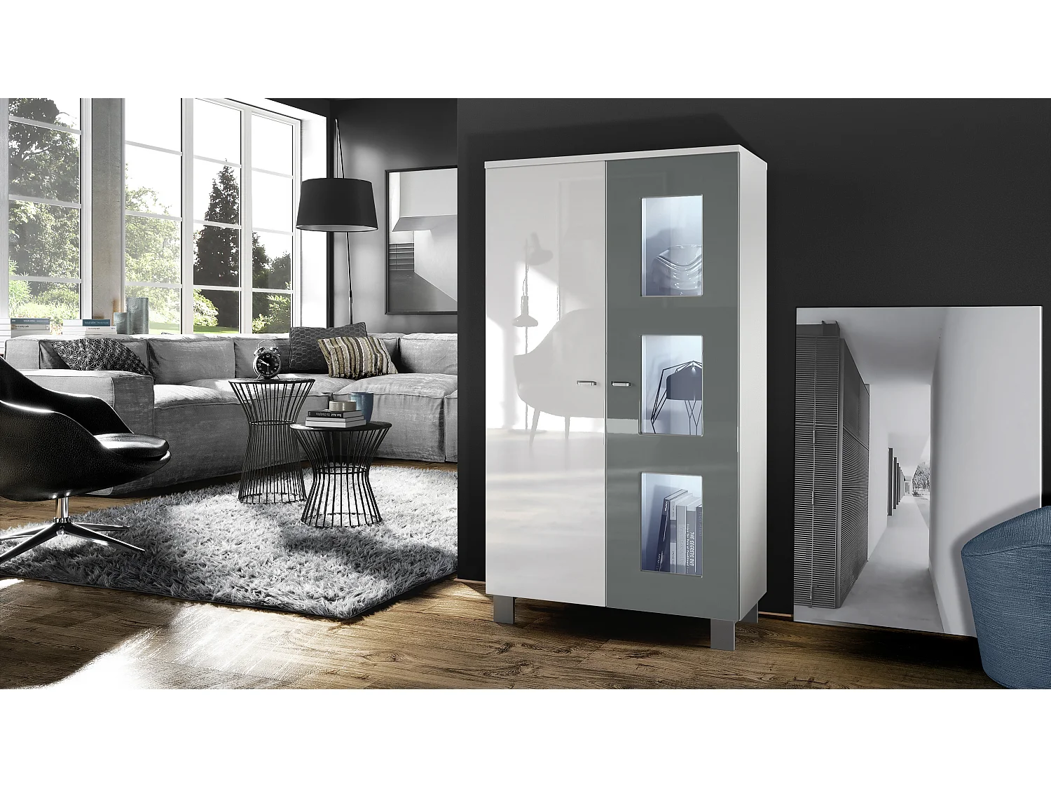 Vetrina  Denjo, vetrina indipendente con 2 ante e 3 pannelli in vetro, bianco opaco/bianco lucido/grigio lucido, illuminazione a LED inclusa.