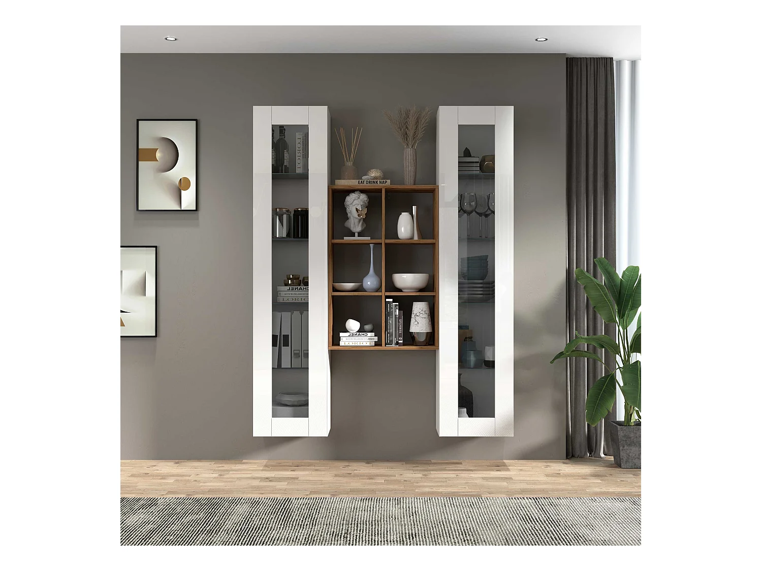 Parete attrezzata Maruska set soggiorno bianco lucido e rovere 140x30x180 cm