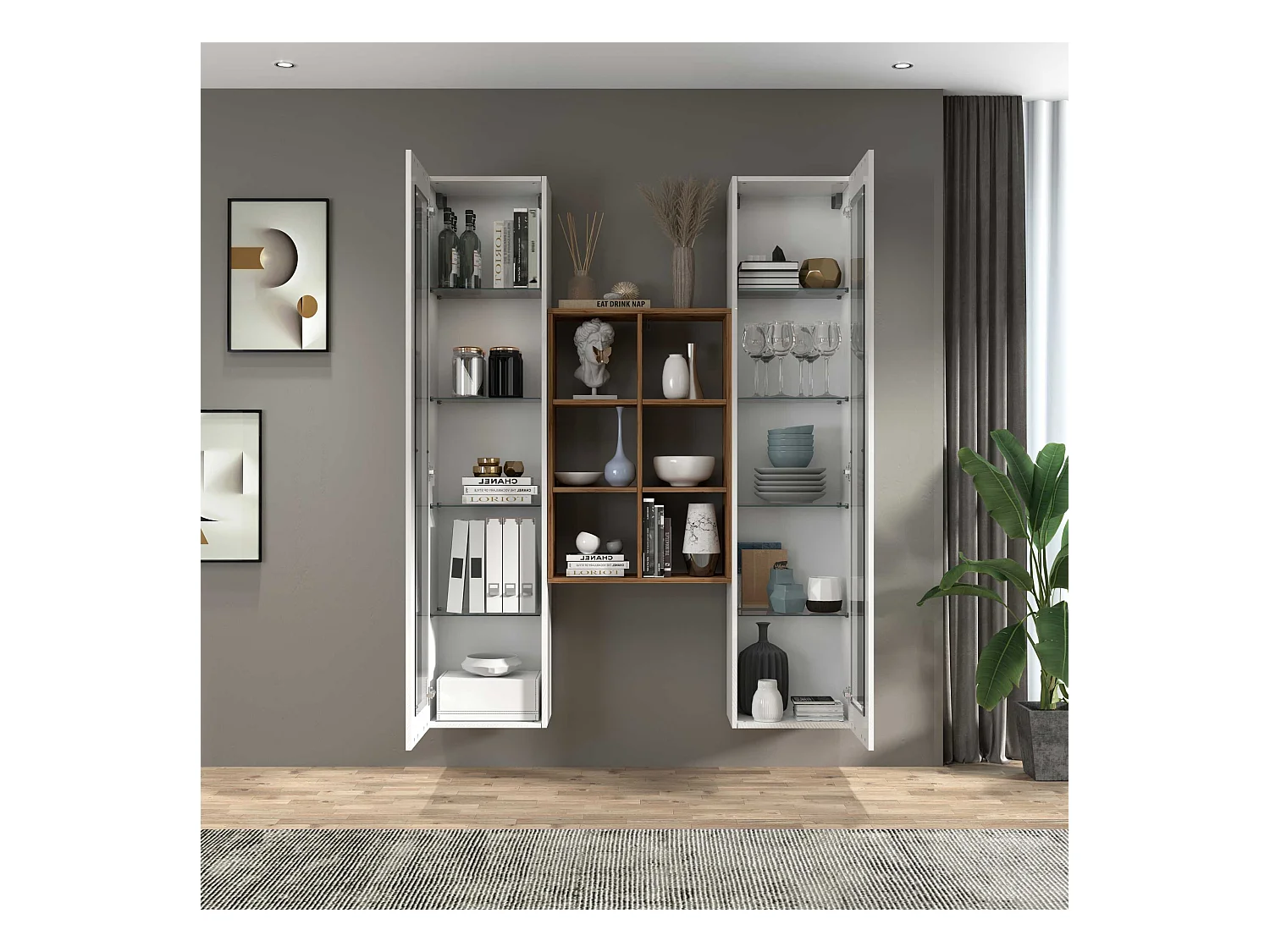 Parete attrezzata Maruska set soggiorno bianco lucido e rovere 140x30x180 cm